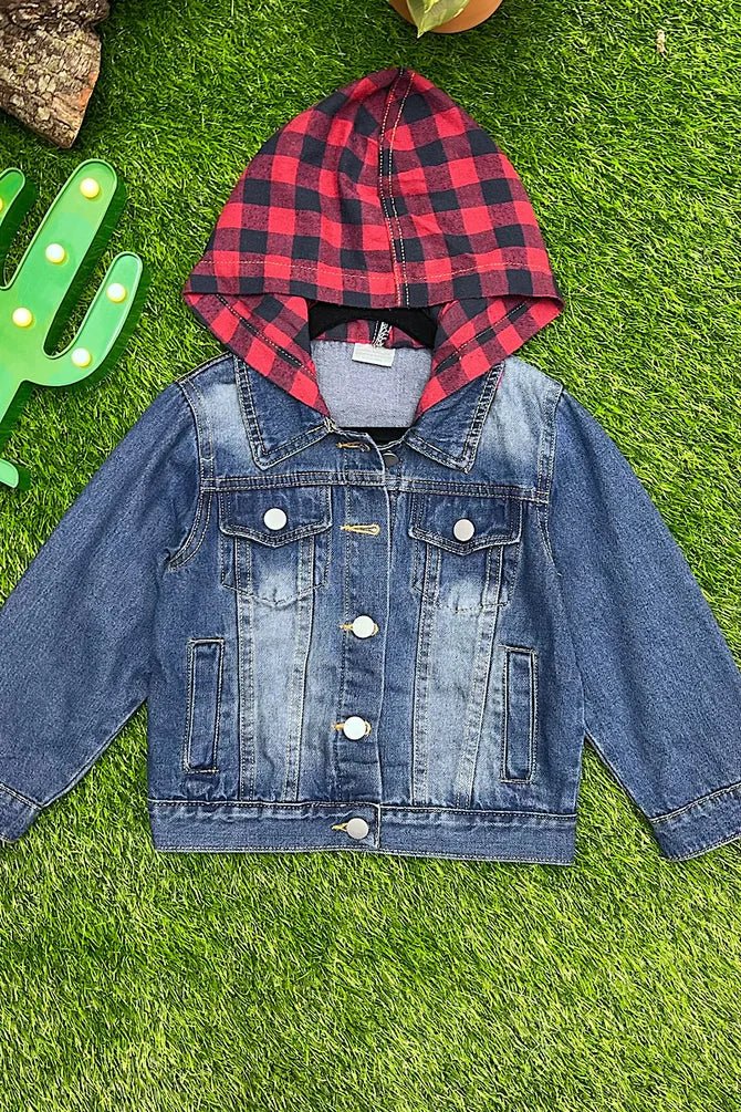 Dark Blue Denim Jacket with Plaid Elbow Patches & Hoodie - Little Looms