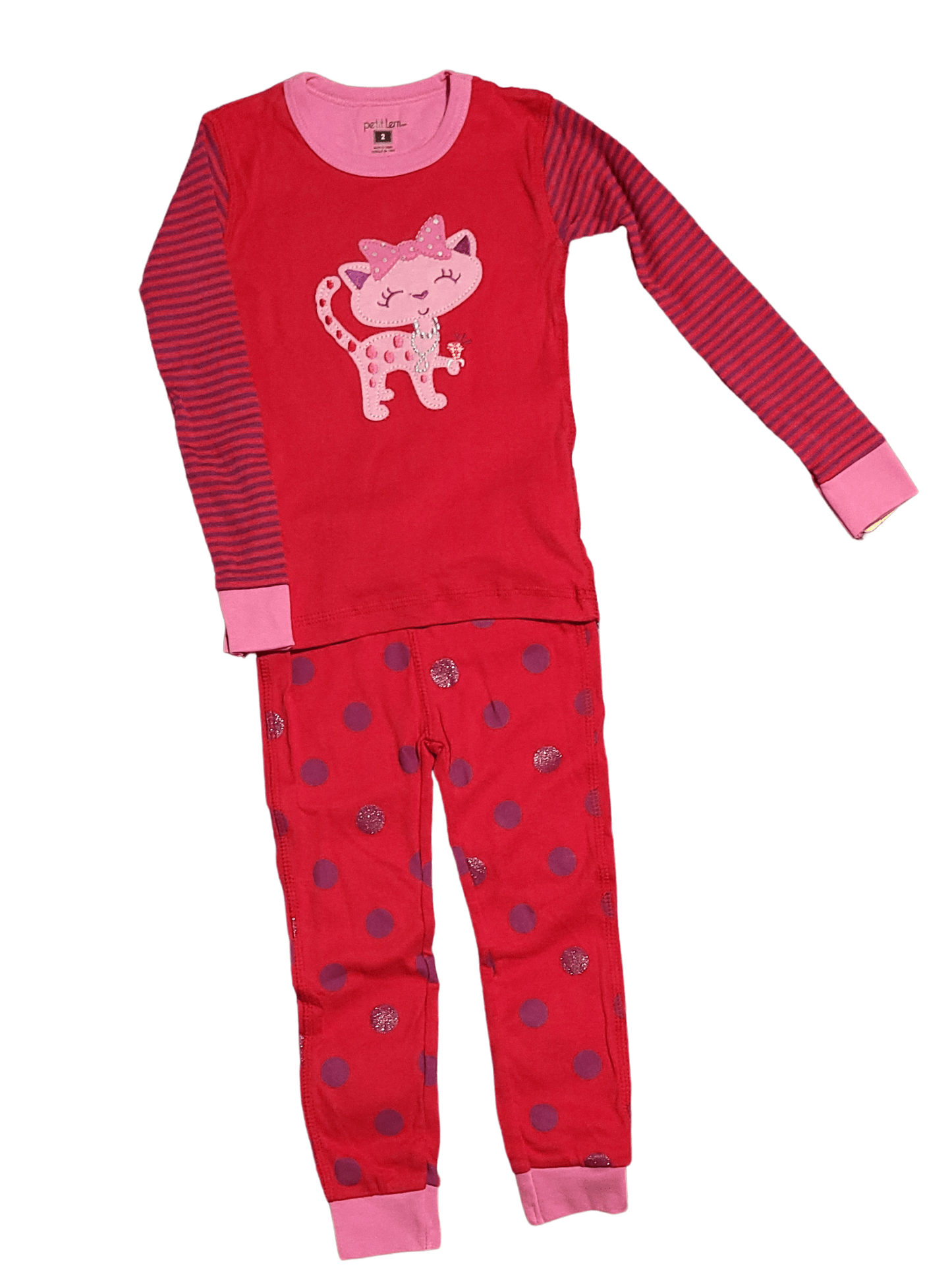 Petit Lem Red Polka Dot Toddler Girl Pajama Set with Striped Cat Embroidery - Little Looms