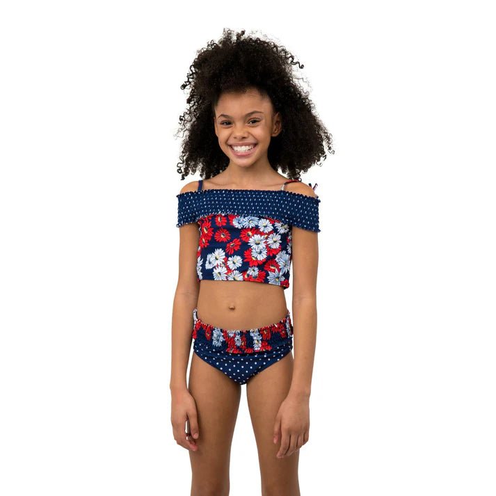 Jantzen Girls' Two - Piece Smocked Floral & Polka Dot Swimsuit – Navy - Little Looms