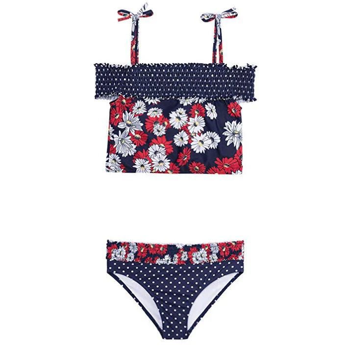 Jantzen Girls' Two - Piece Smocked Floral & Polka Dot Swimsuit – Navy - Little Looms