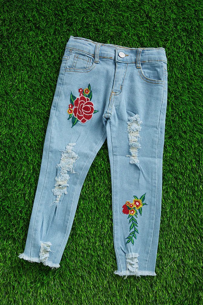 Girls' Distressed Skinny Fit Denim Jeans with Embroidered Roses - Little Looms