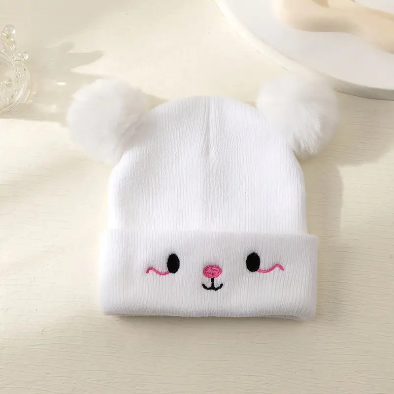 White Pom-Pom Ears Cartoon Knit Baby Beanie