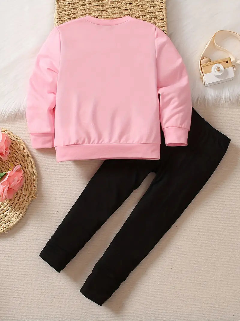 2-Piece Toddler Girl's Cat Print Sweatshirt & Leggings Set - Pink or Rose Red