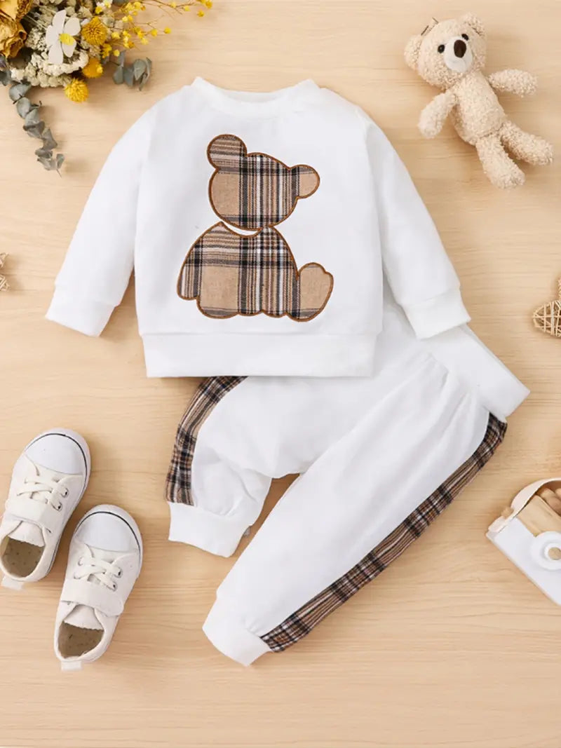 Teddy Bear Patchwork Pullover 2-Piece Set