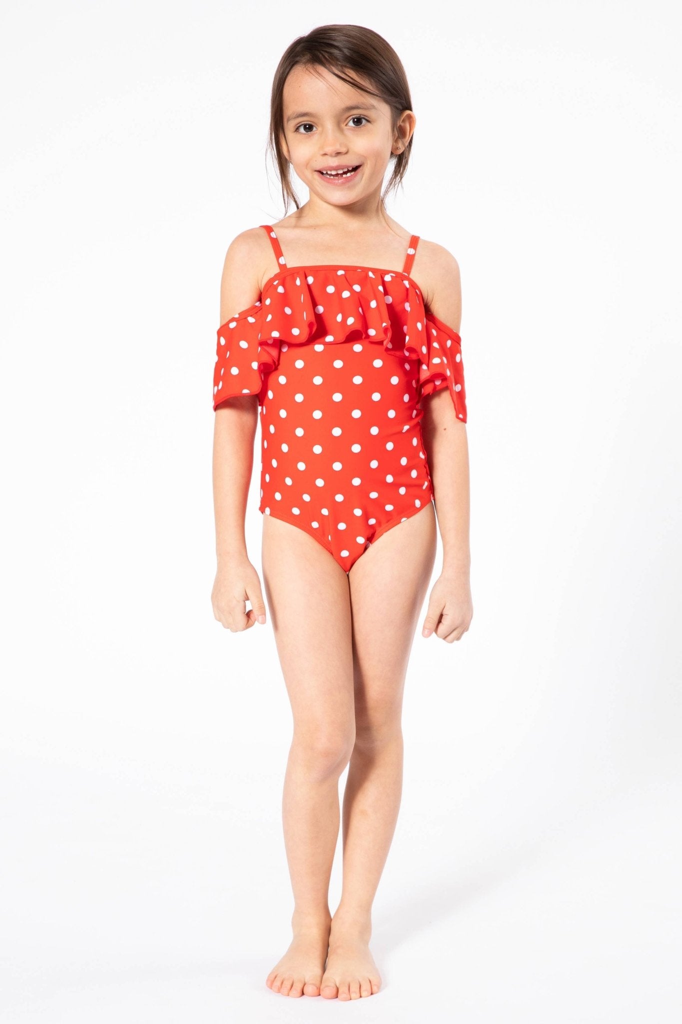Off - Shoulder Ruffle Swimsuit – Red & White Polka Dot - Little Looms