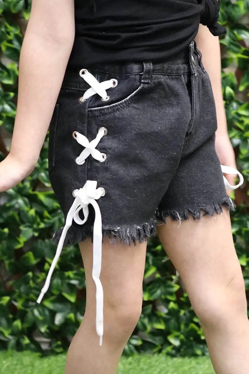 Criss Cross Lace - Up Black Denim Shorts - Little Looms