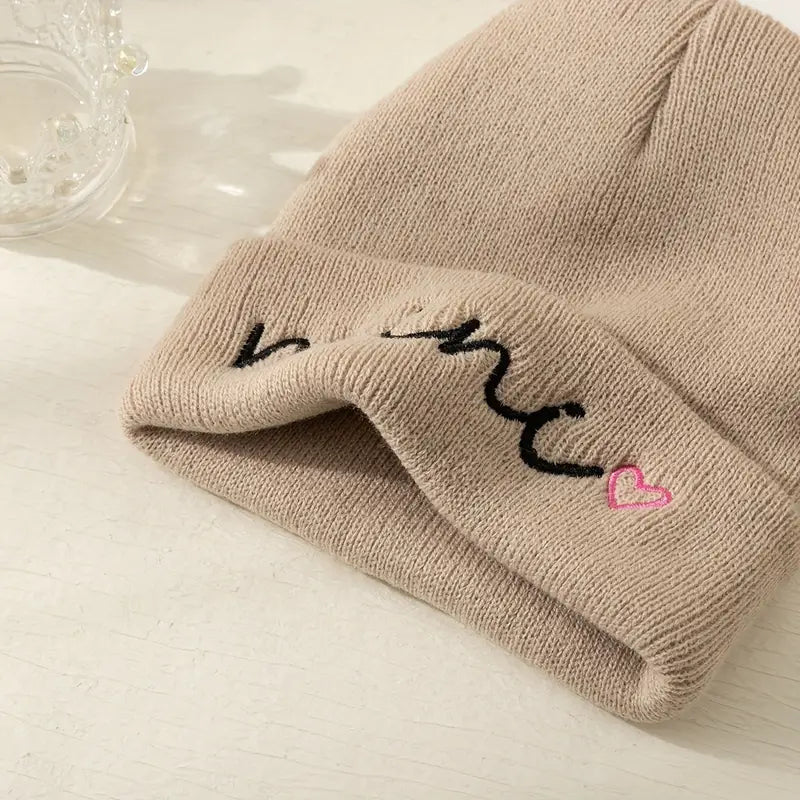 "Mini" Embroidered Heart Knit Beanie