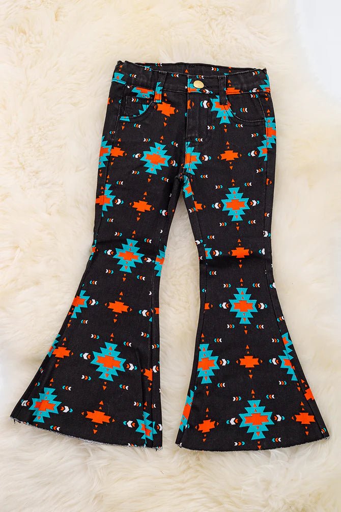 Girls' Black Aztec Print Denim Pants with Adjustable Waistband - Little Looms