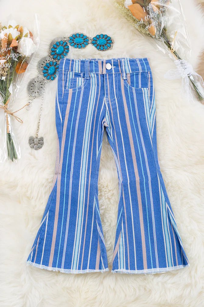 Girls' Multi - Color Stripe Bootcut Denim Pants with Adjustable Waistband - Little Looms