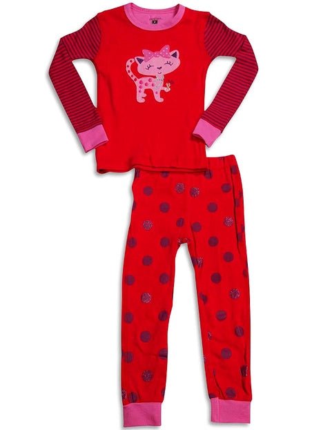 Petit Lem Red Polka Dot Toddler Girl Pajama Set with Striped Cat Embroidery - Little Looms