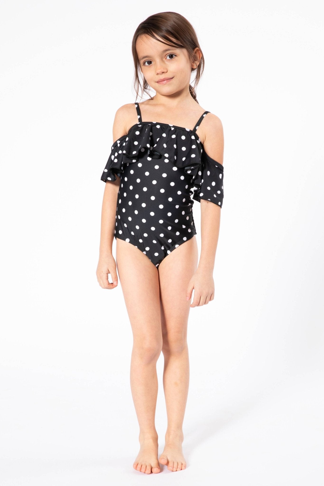 Off - Shoulder Ruffle Swimsuit – Black & White Polka Dot - Little Looms