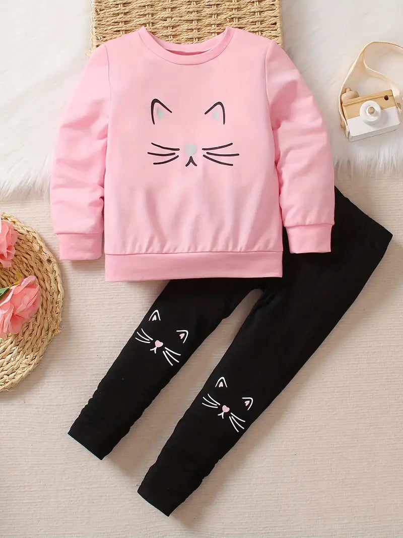 2-Piece Toddler Girl's Cat Print Sweatshirt & Leggings Set - Pink or Rose Red