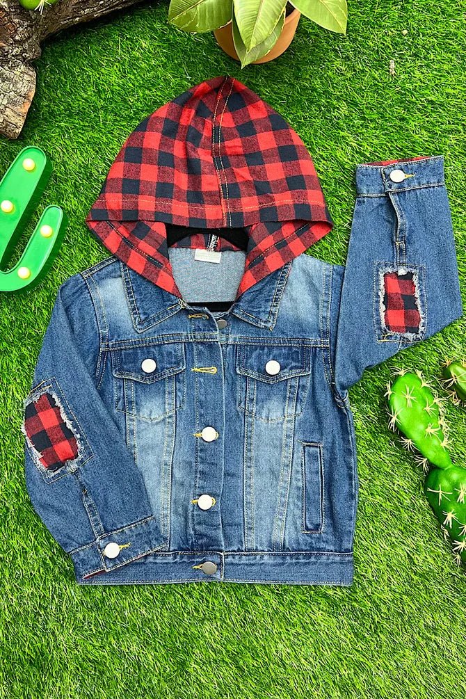 Dark Blue Denim Jacket with Plaid Elbow Patches & Hoodie - Little Looms