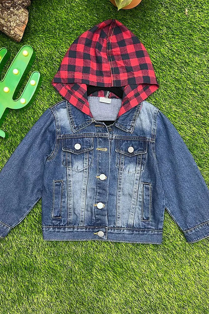 Dark Blue Denim Jacket with Plaid Elbow Patches & Hoodie - Little Looms