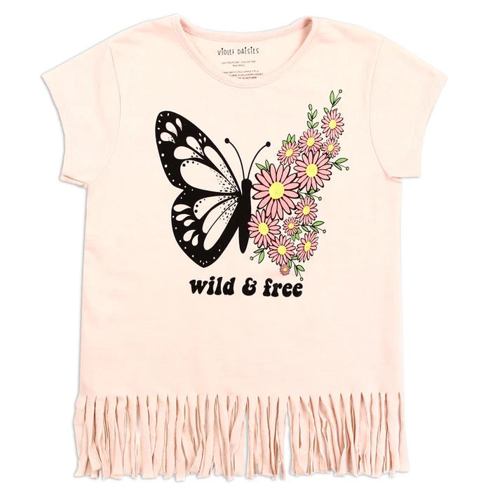 "Wild & Free" Dusty Pink Fringe T-Shirt - Little Looms