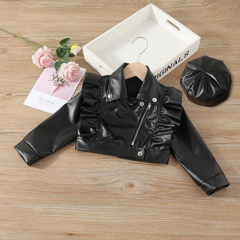 Girls' Faux Leather Biker Jacket & Beret Set - Little Looms