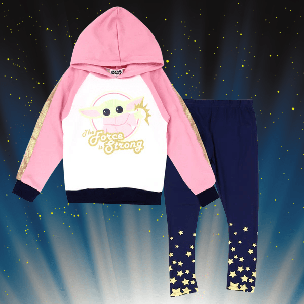 Star Wars The Child "The Force is Strong" Hoodie & Leggings Set – Glittery Baby Yoda Outfit for Girls - Little Looms
