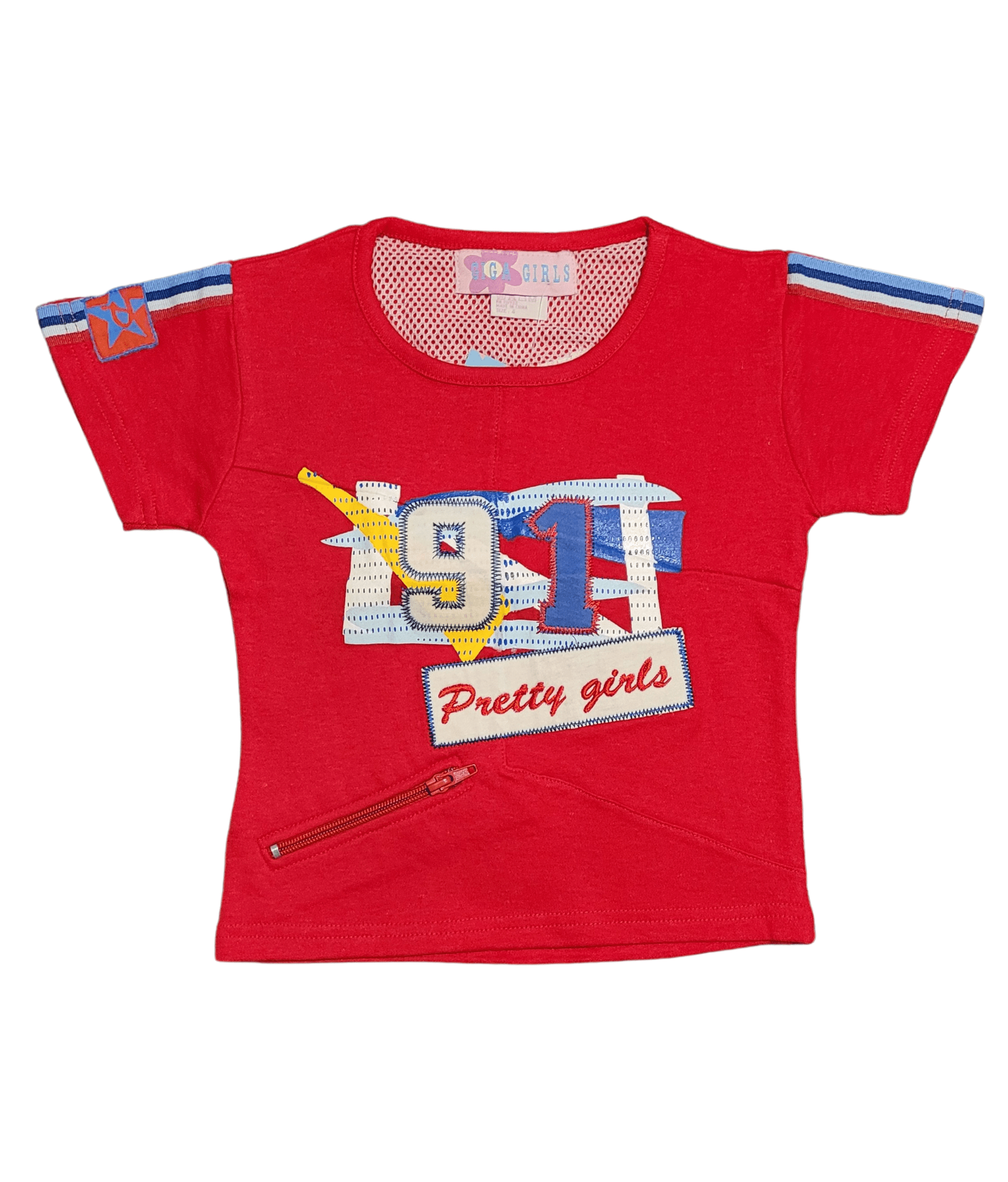 Girls' Graphic "Pretty Girls 91" Tee with Zipper Detail - Blue or Red - Little Looms