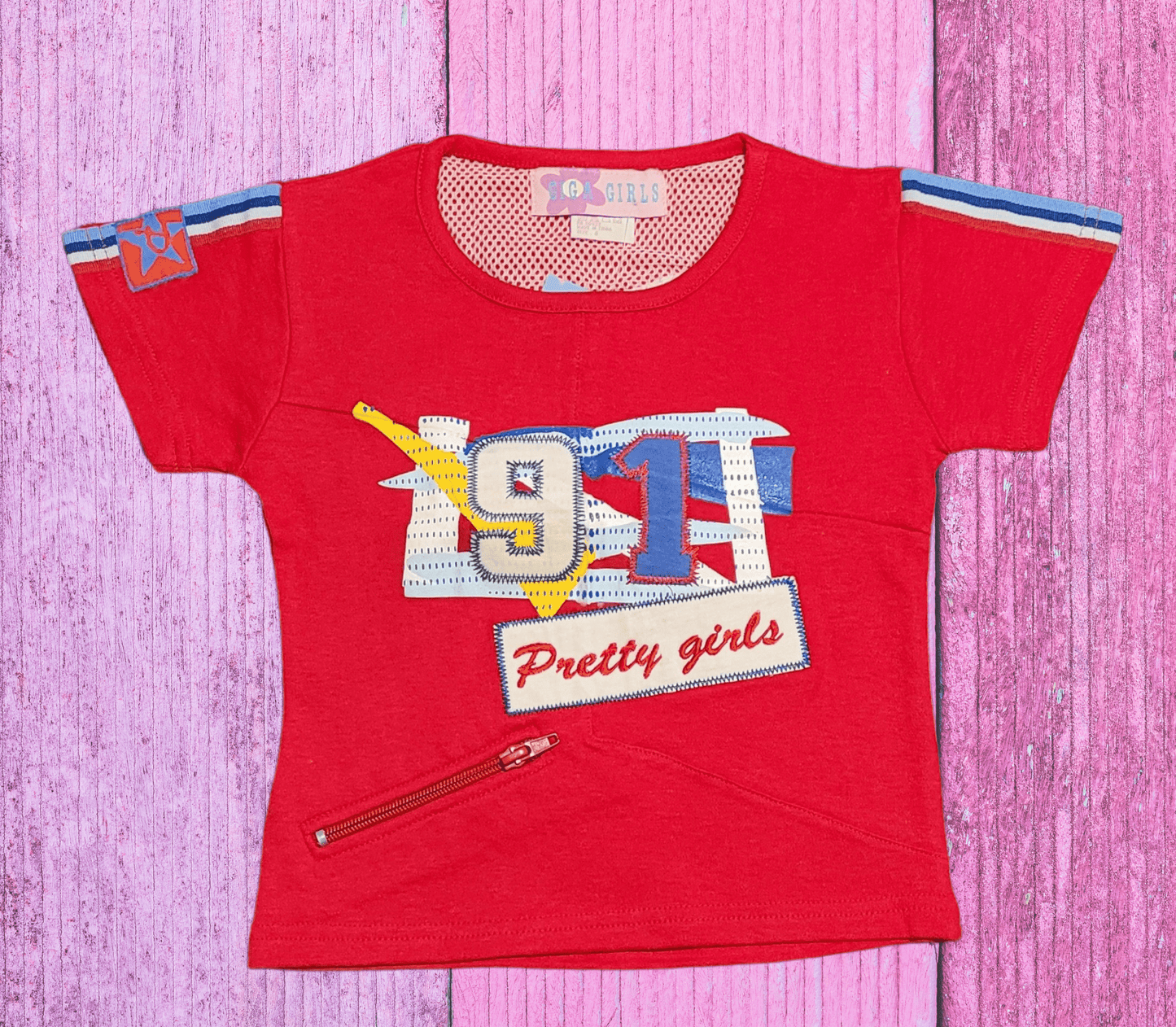 Girls' Graphic "Pretty Girls 91" Tee with Zipper Detail - Blue or Red - Little Looms