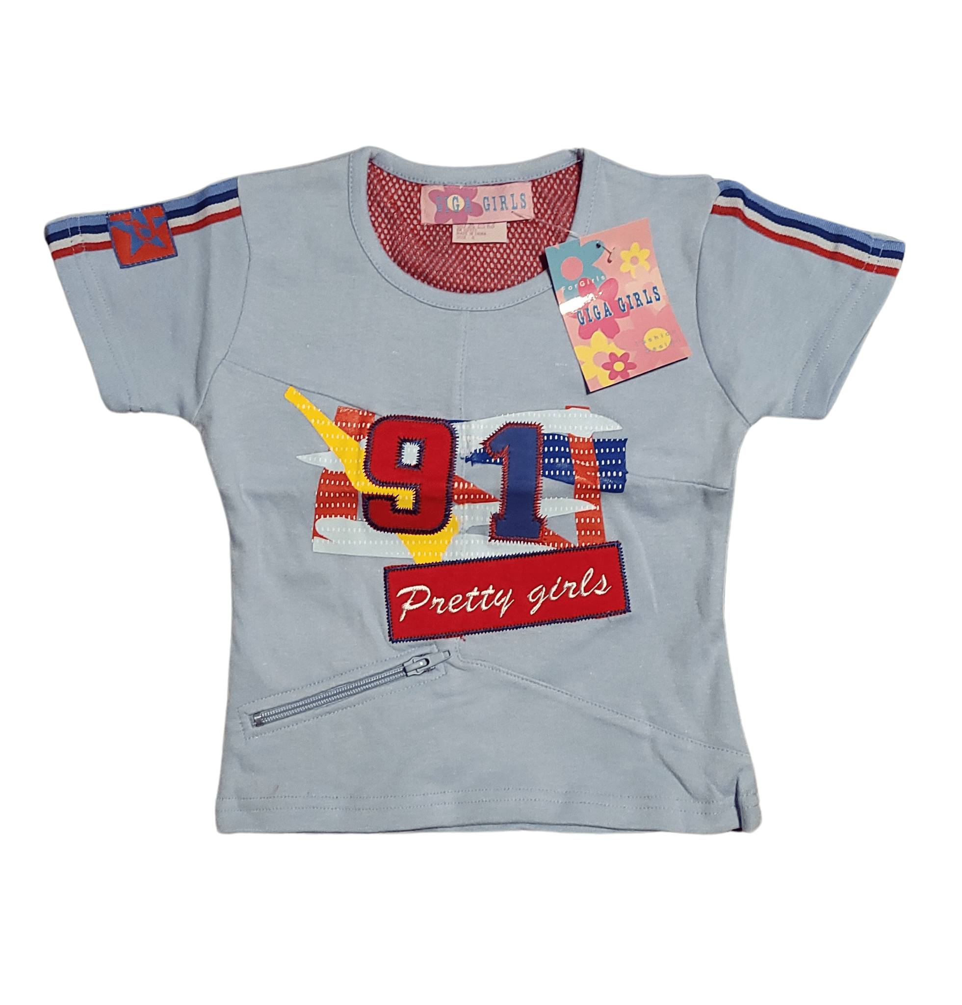 Girls' Graphic "Pretty Girls 91" Tee with Zipper Detail - Blue or Red - Little Looms