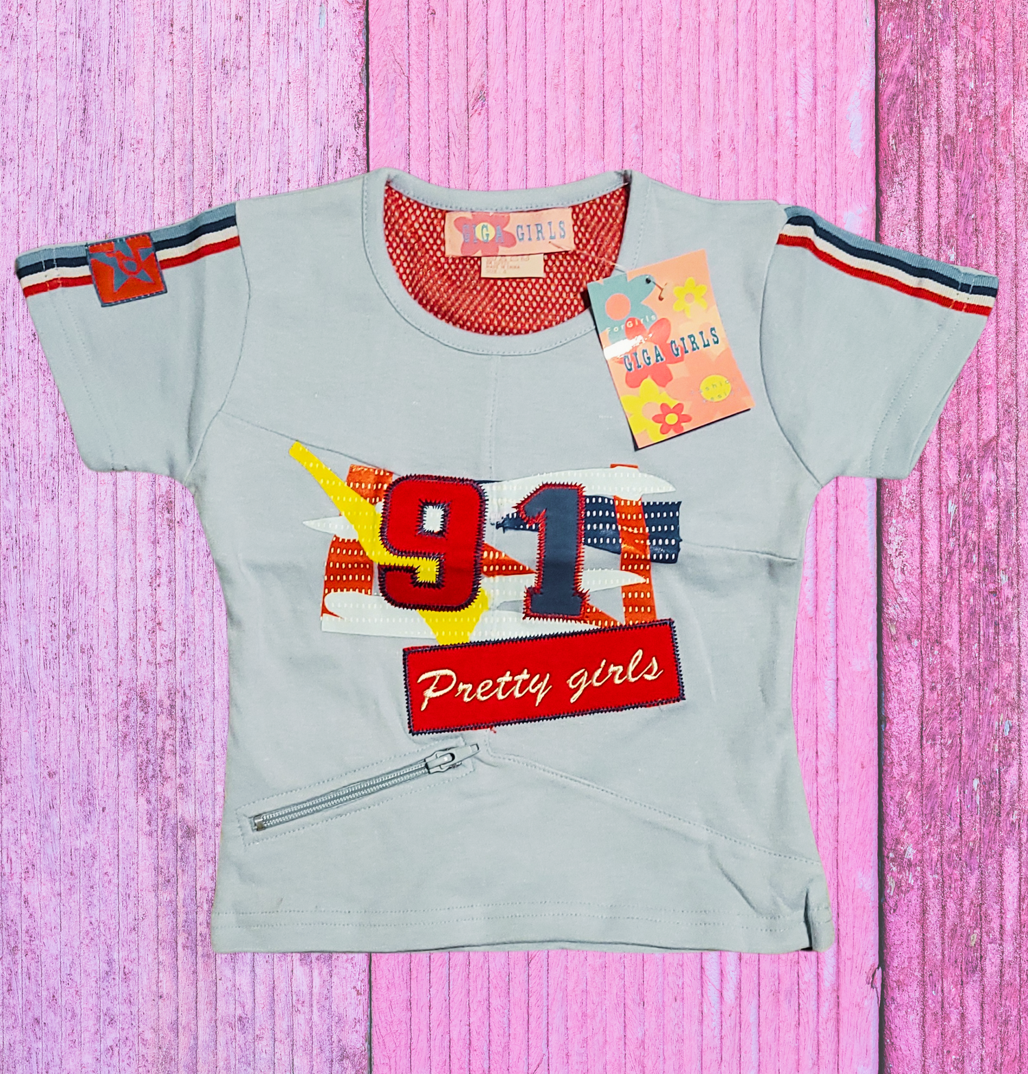 Girls' Graphic "Pretty Girls 91" Tee with Zipper Detail- Blue or Red