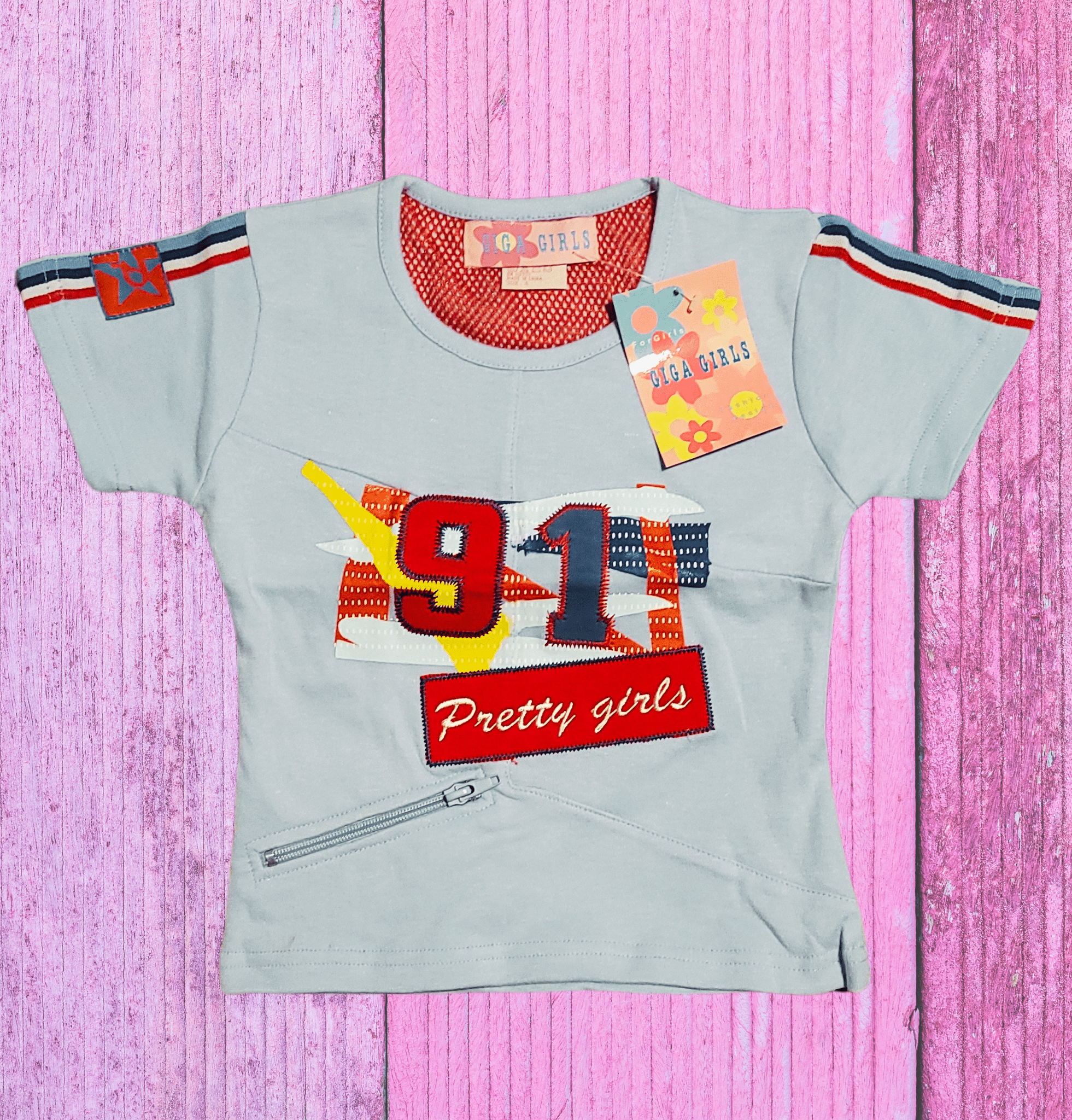 Girls' Graphic "Pretty Girls 91" Tee with Zipper Detail - Blue or Red - Little Looms