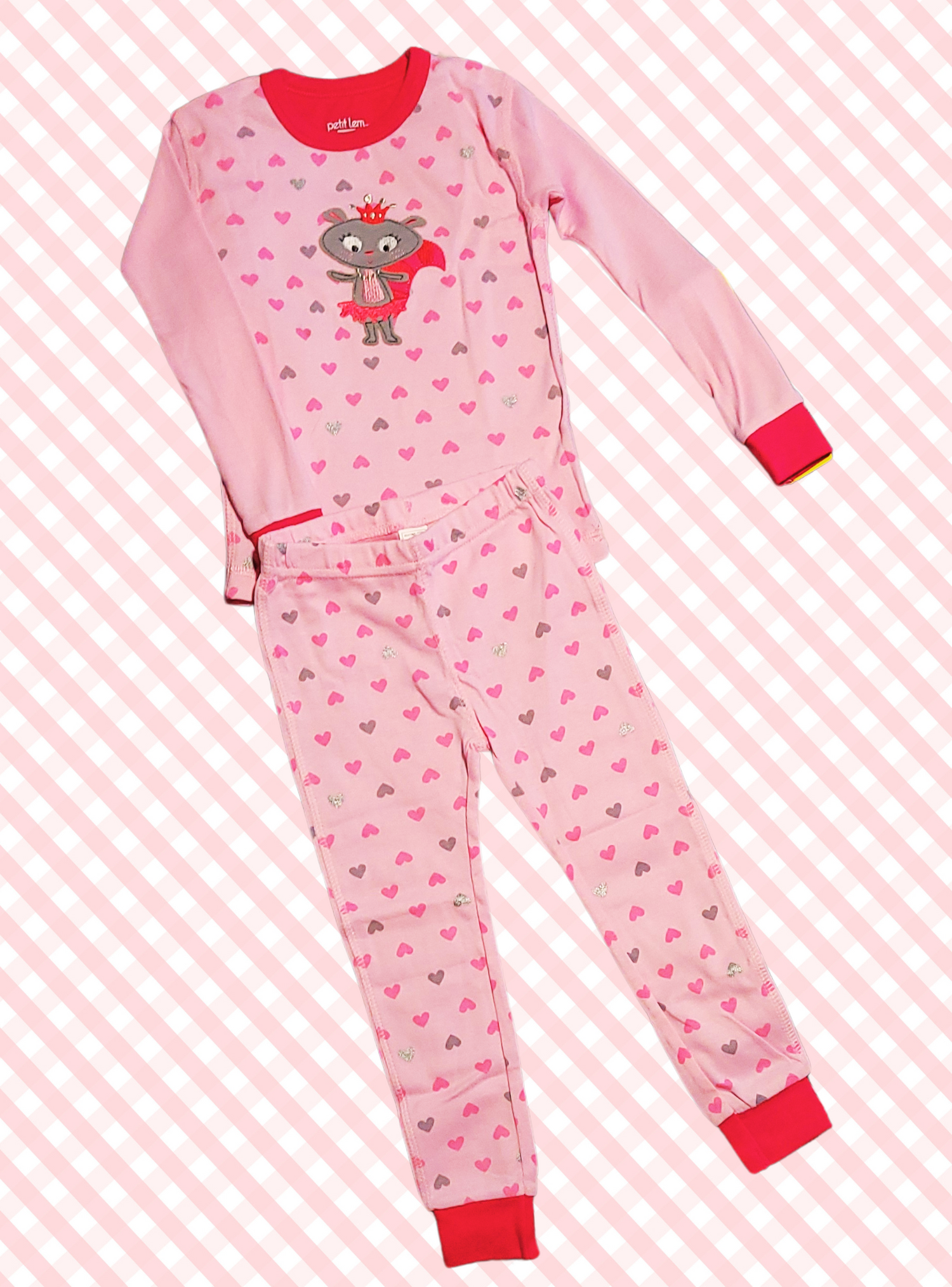 Petit Lem Pink Heart Toddler Girl Pajama Set with Embroidered Mouse Princess