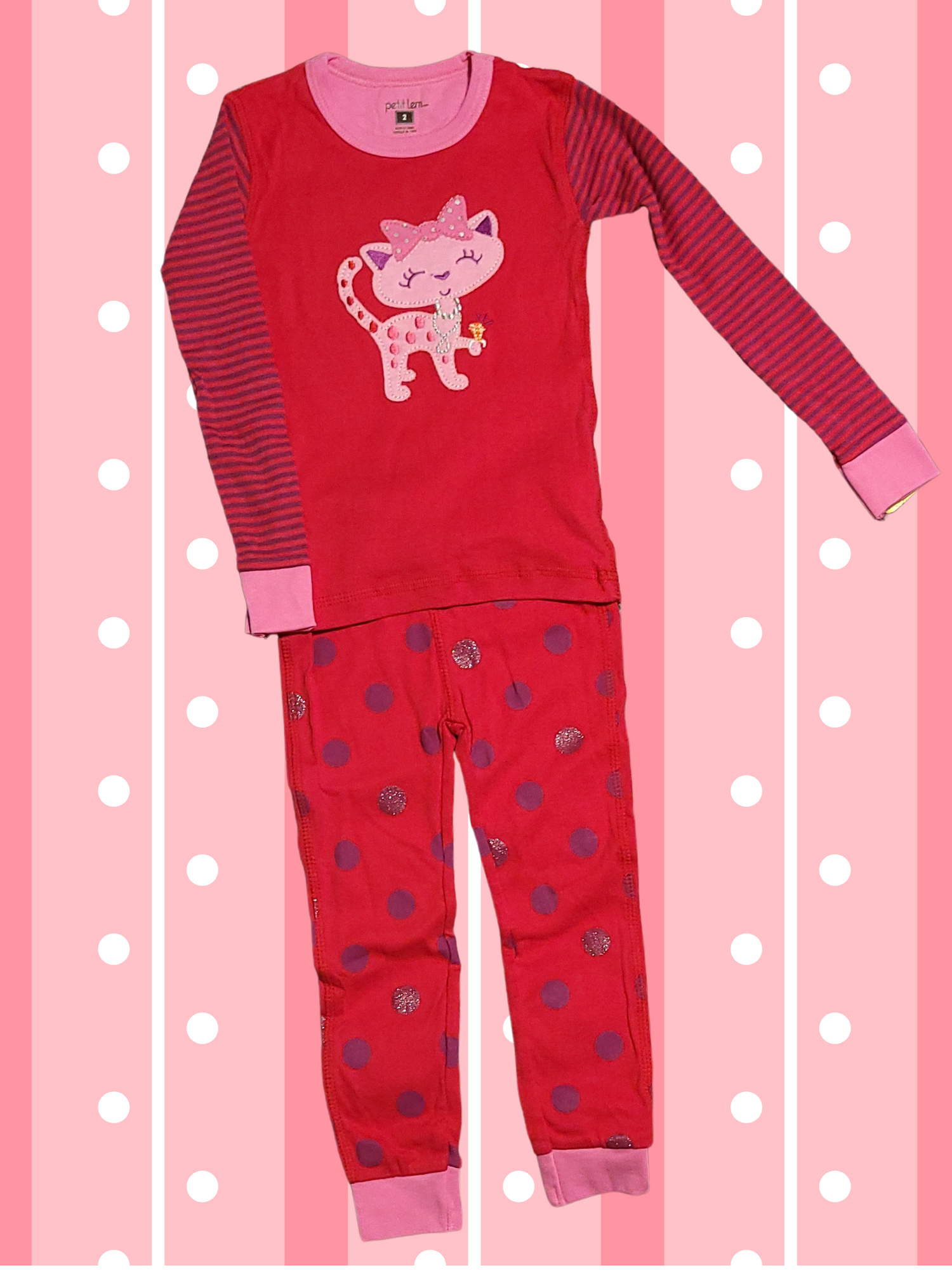 Petit Lem Red Polka Dot Toddler Girl Pajama Set with Striped Cat Embroidery