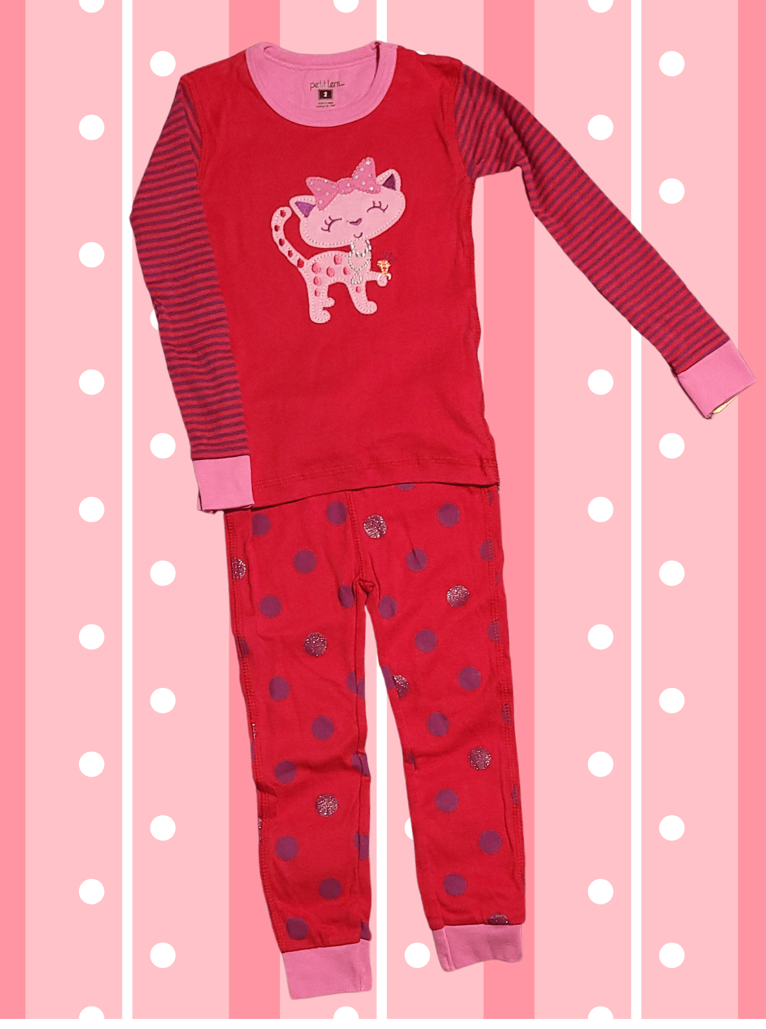 Petit Lem Red Polka Dot Toddler Girl Pajama Set with Striped Cat Embroidery - Little Looms