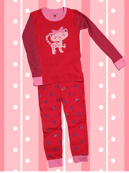 Petit Lem Red Polka Dot Toddler Girl Pajama Set with Striped Cat Embroidery - Little Looms