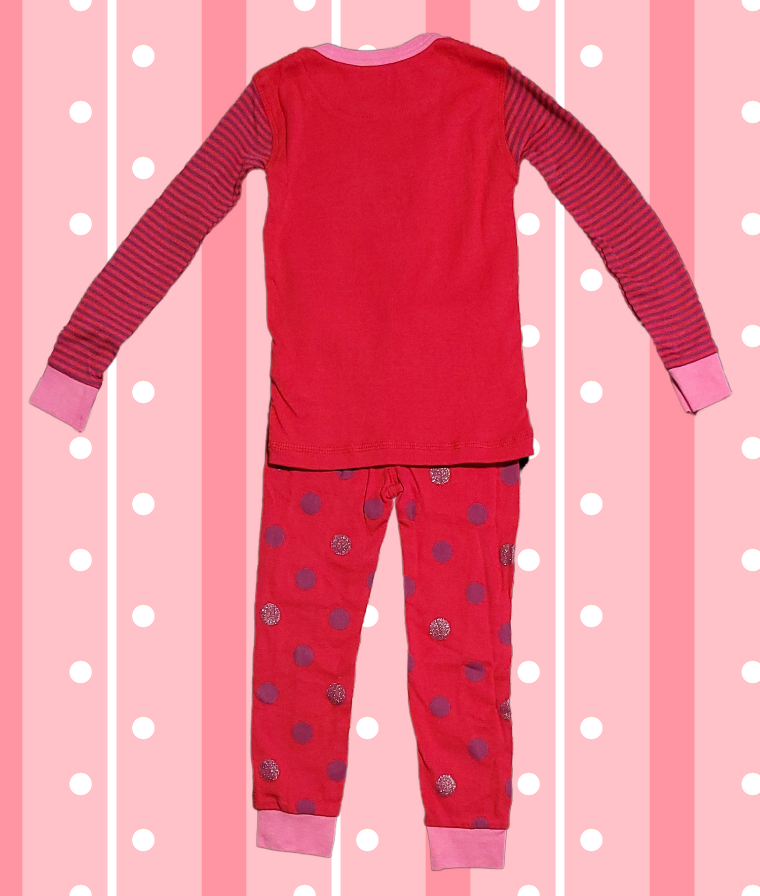 Petit Lem Red Polka Dot Toddler Girl Pajama Set with Striped Cat Embroidery