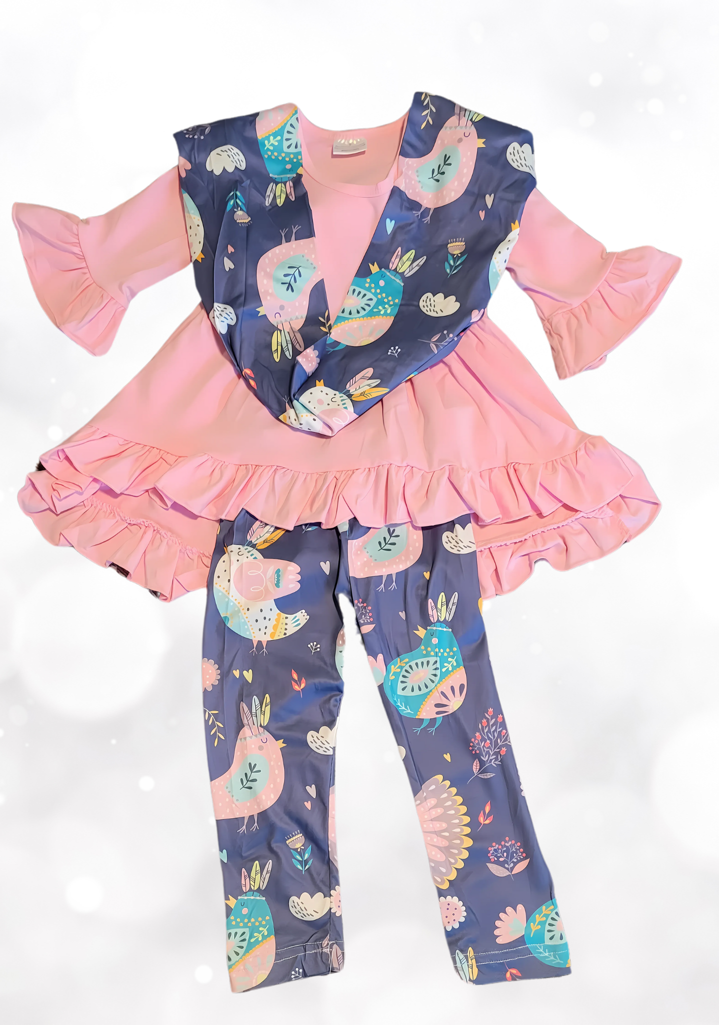 Floral Bird Print Leggings & Ruffle Tunic Top 3-Piece Girl Set