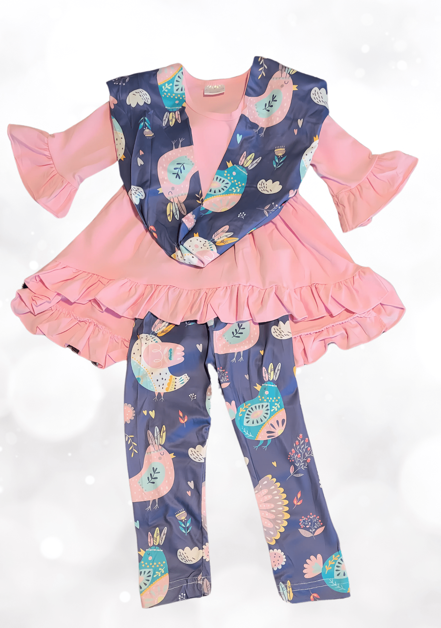 Floral Bird Print Leggings & Ruffle Tunic Top 3 - Piece Girl Set - Little Looms