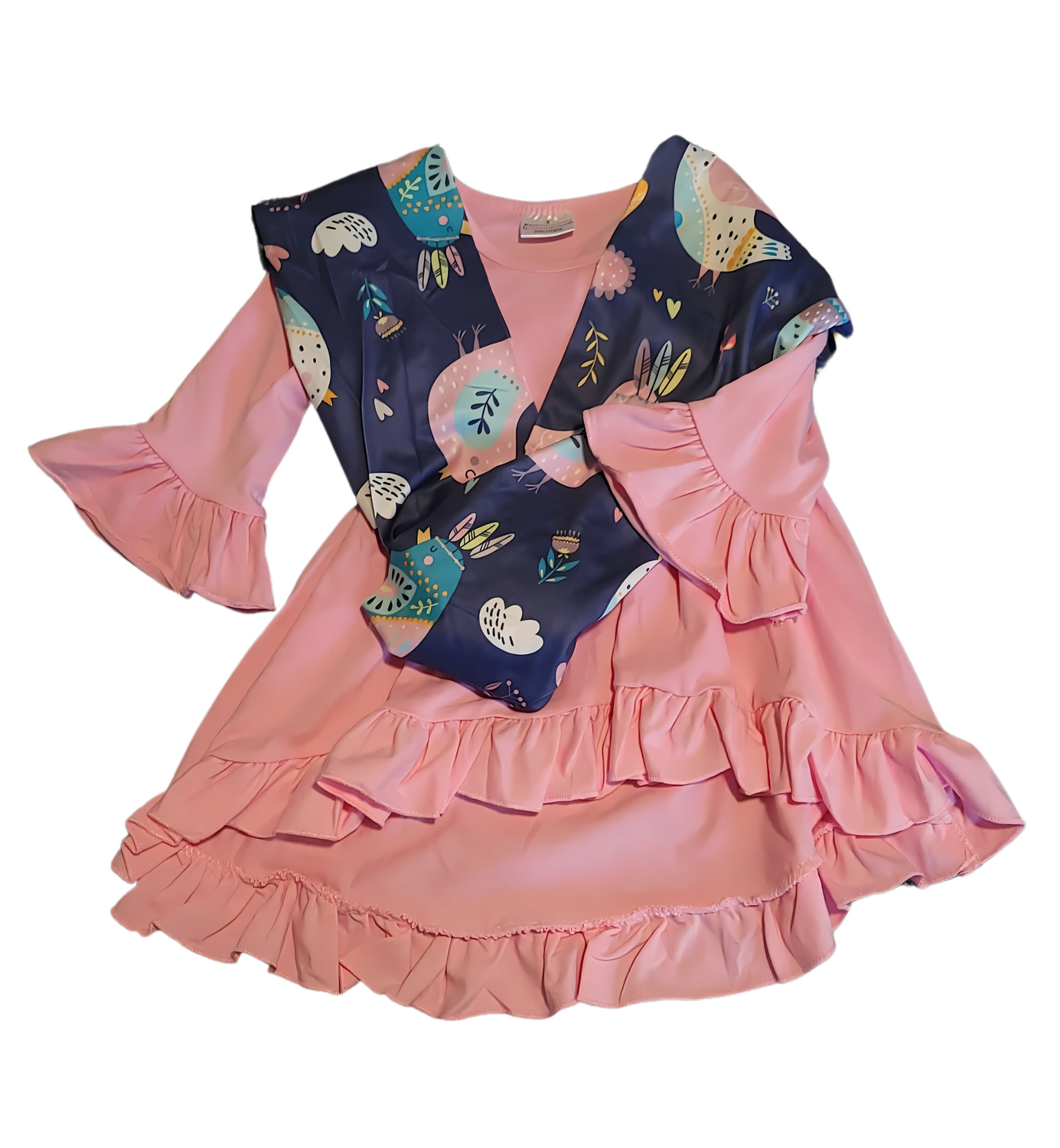 Floral Bird Print Leggings & Ruffle Tunic Top 3-Piece Girl Set