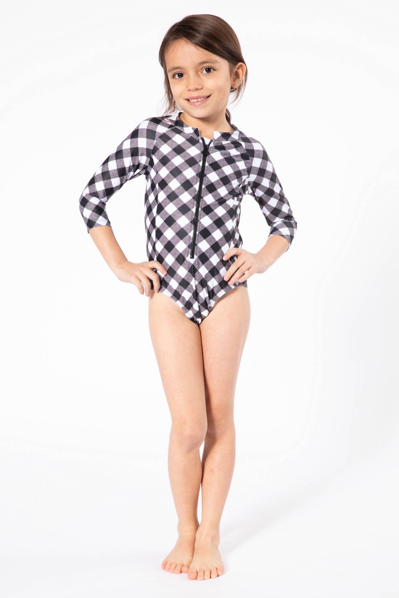 Girls' Gingham Black Rashguard Swimsuit – UPF 50+ Protection - Little Looms