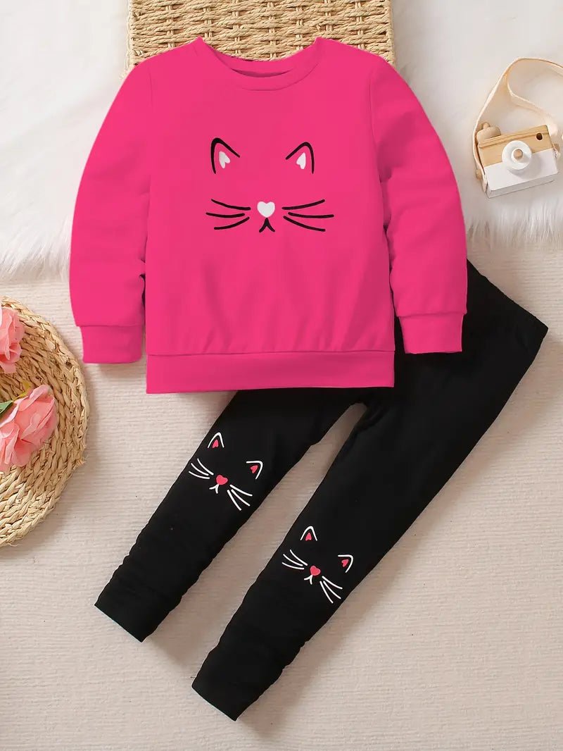 2 - Piece Toddler Girl's Cat Print Sweatshirt & Leggings Set - Pink or Rose Red - Little Looms