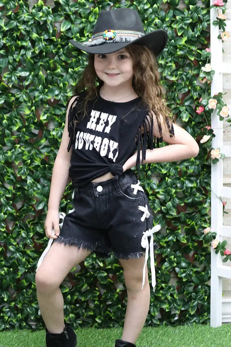 Criss Cross Lace - Up Black Denim Shorts - Little Looms