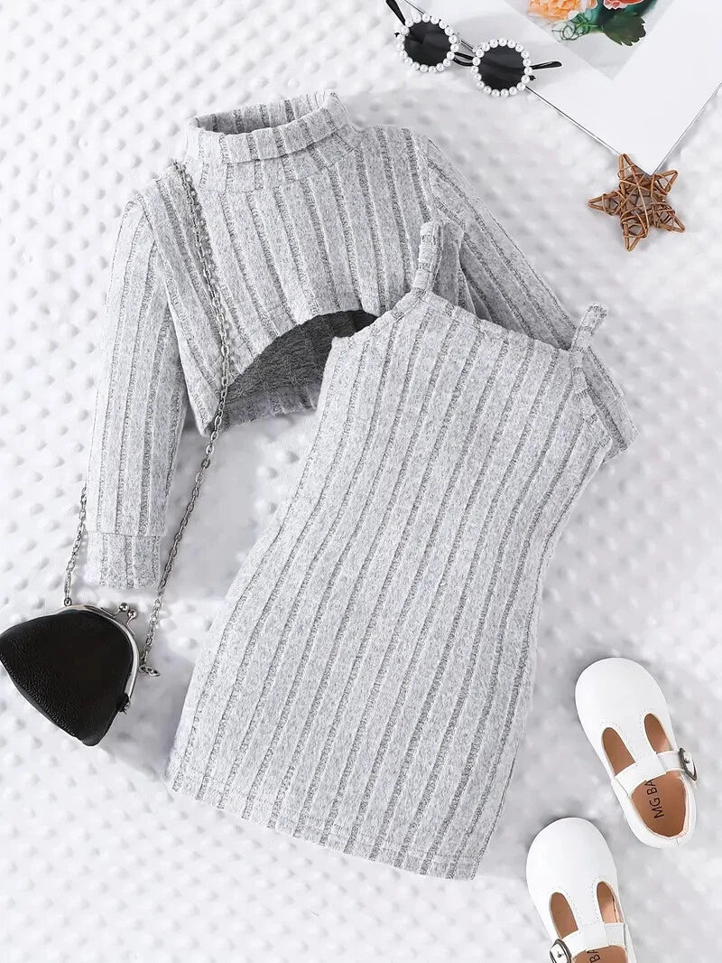 Mid - Neck Top & Suspender Toddler Dress - Burgundy or Gray - Little Looms